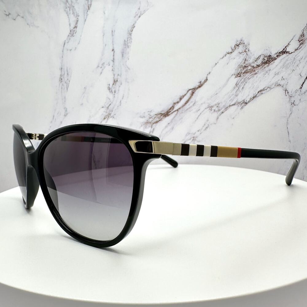 New Burberry Sunglasses Black Cat Eye Check Arms Gold Hardware Womens BURBERRY - Picture 3 of 16